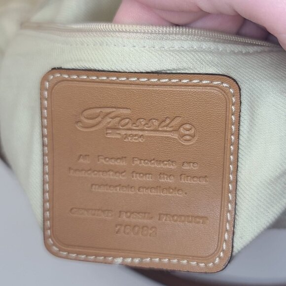Fossil Woven Tan Shoulder Bag Leather Accents Striped Interior - Picture 6 of 11